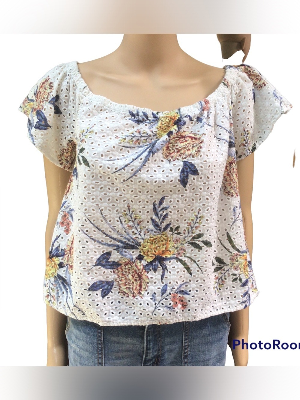 BB Dakota Women’s Summer Floral Eyelet Off-Shoulder Top - White/Blue Size Large